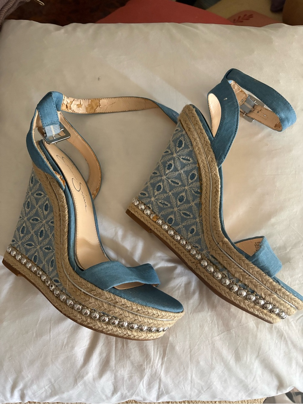 Jessica Simpson Blue Embroidered Espadrille Wedge Sandals with silver studs Trim